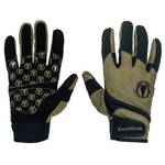 A pair of tactical work gloves shown front and back. The back of the glove is black with a repeating beige logo pattern, while the front features a tan palm and fingers with black fingertips and a black cuff.