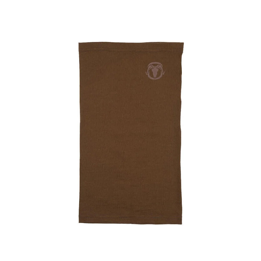 A brown textured fabric towel or tea towel with a small embroidered ram head logo in the upper right corner, shown flat against a white background.