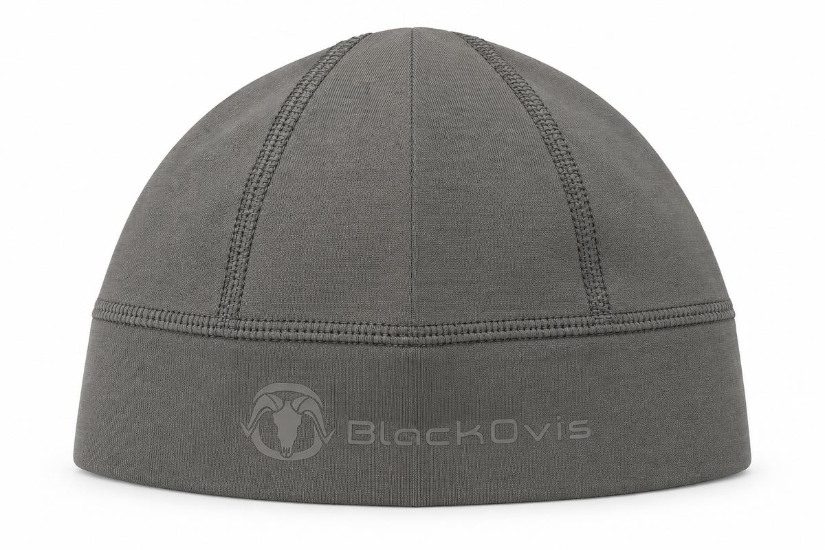 A dark gray athletic beanie with a wide ribbed brim featuring the BlackOvis logo, shown against a plain white background.