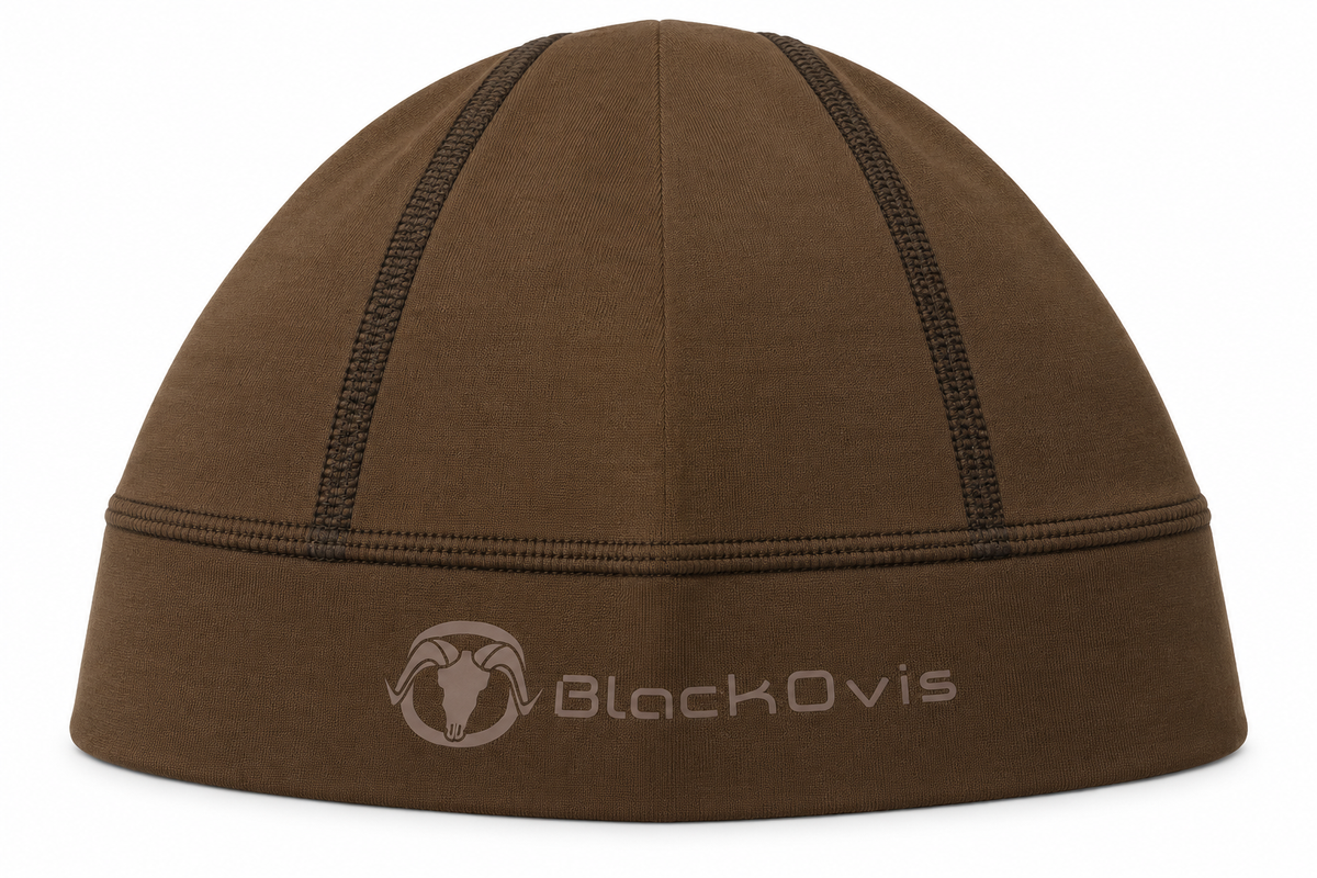 A brown knit beanie hat with black contrast stitching and a light gray embroidered BlackOvis logo on the front cuff, shown against a plain white background.