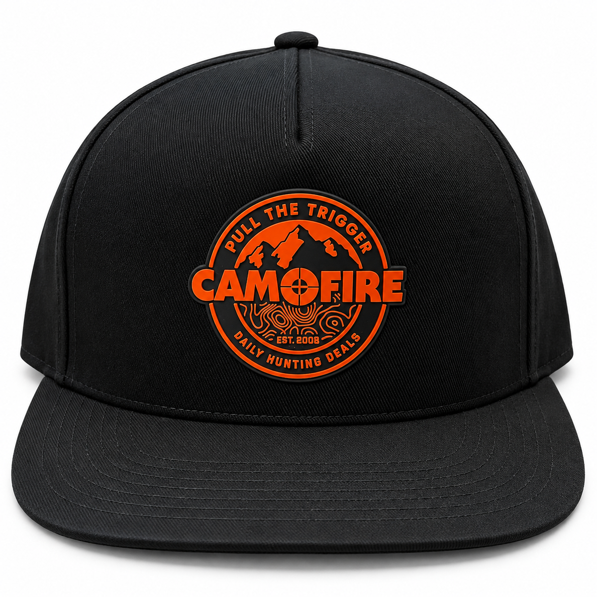 A black flat-brim baseball cap with a circular orange embroidered logo on the front that reads 'CAMOFIRE' with mountains and a crosshair motif, shown on a plain white background.