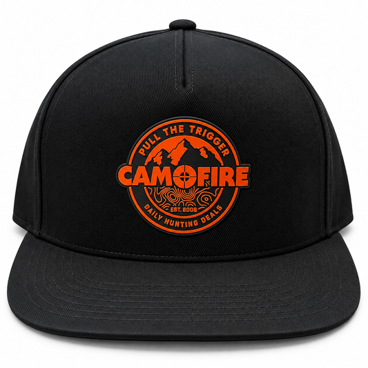 A black flat-brim baseball cap with a circular orange embroidered logo on the front that reads 'CAMOFIRE' with mountains and a crosshair motif, shown on a plain white background.