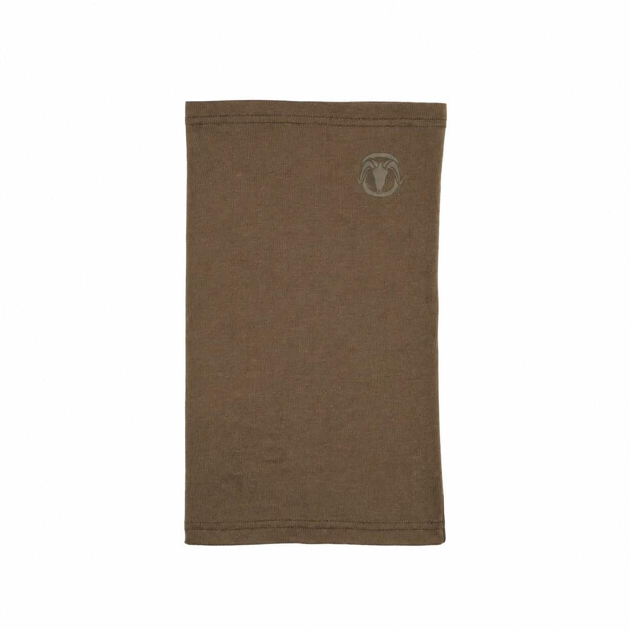 A brown knit neck gaiter or balaclava with a small gray circular logo featuring a ram's head on the upper right side, shown flat against a white background.