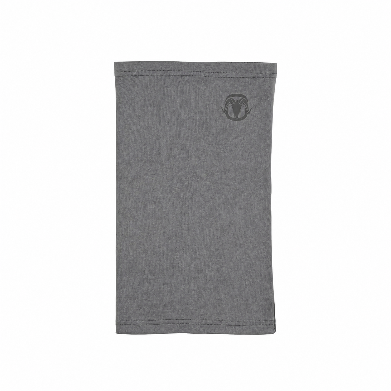 A gray fabric neck gaiter or balaclava with a small dark gray ram head logo printed on the upper right side, shown flat against a white background.