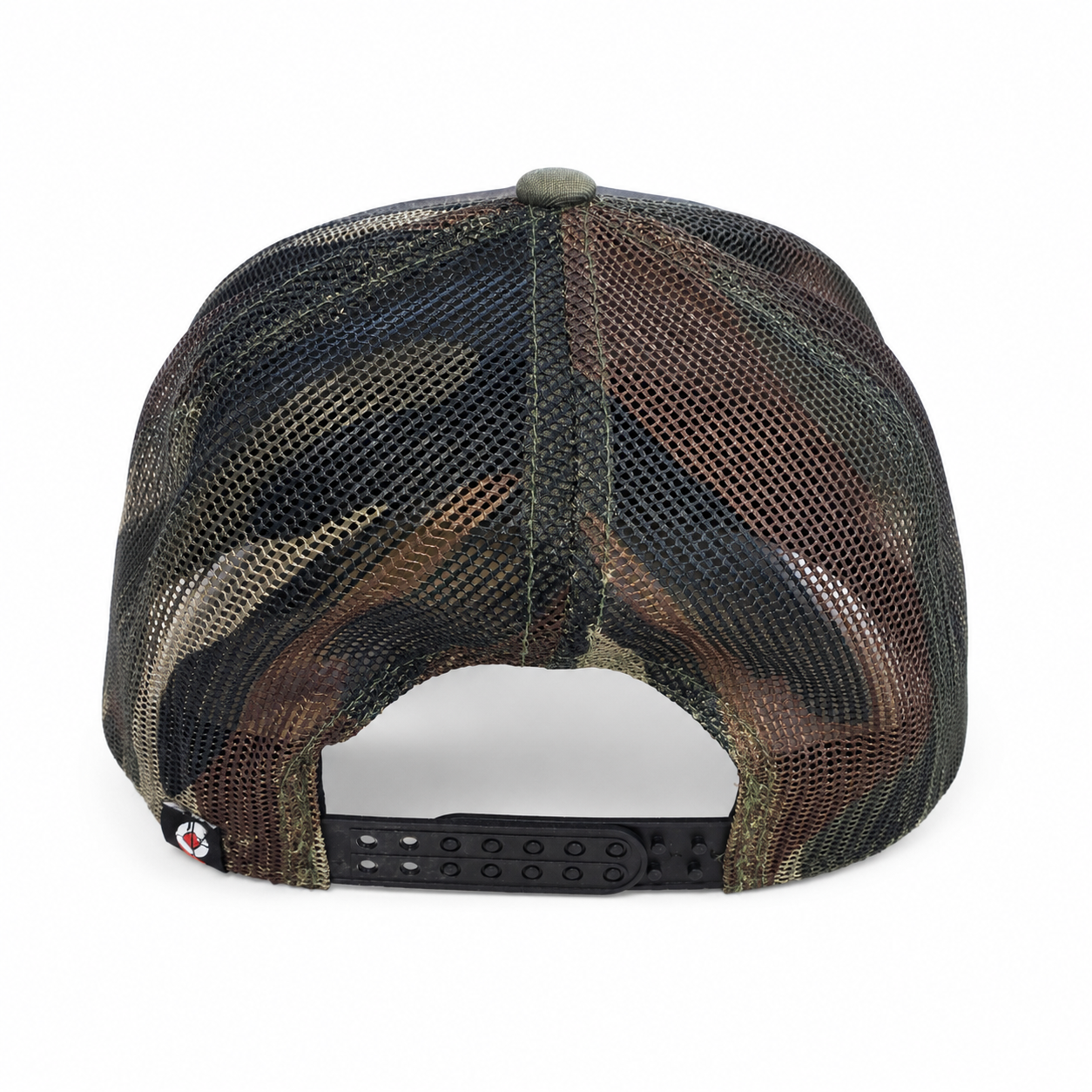 Rear view of a trucker-style baseball cap with a black, brown, and green camouflage mesh back and a black adjustable snap closure.