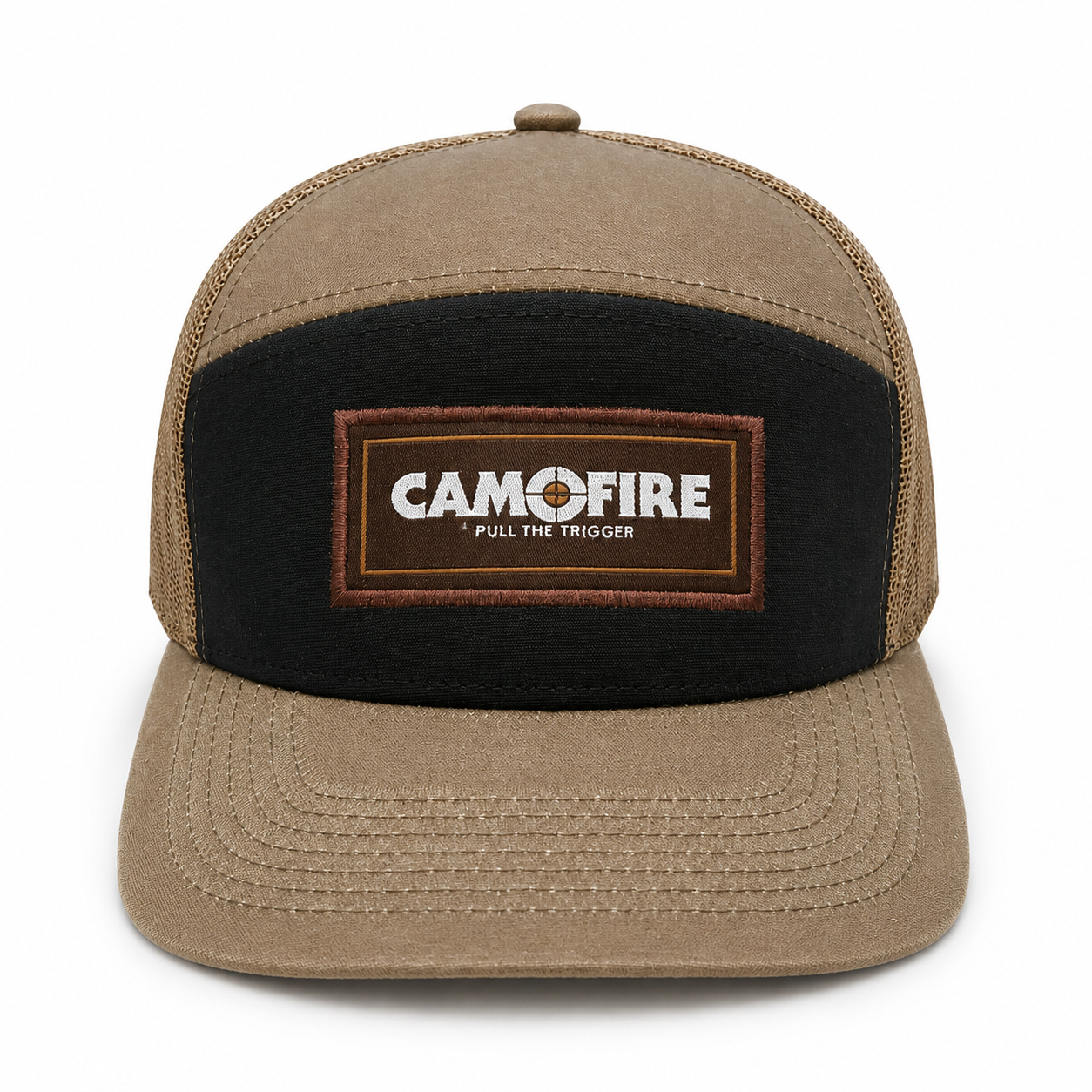 A tan and black trucker-style cap with a black front panel and a brown embroidered patch that reads 'CAMOFIRE PULL THE TRIGGER'.