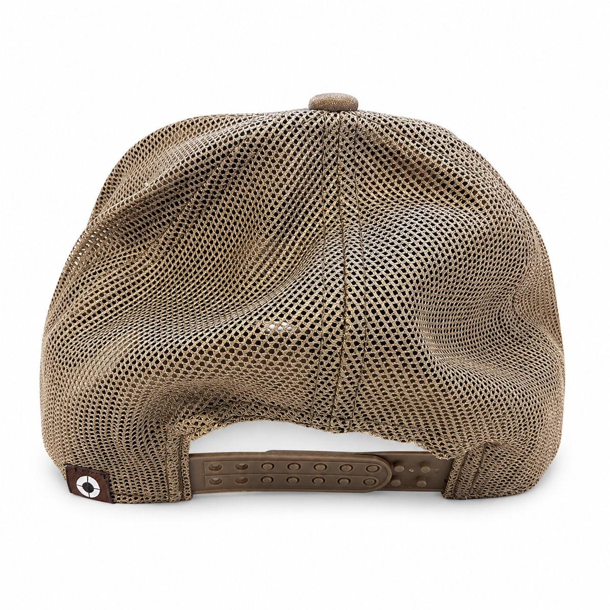 The back view of a brown mesh snapback cap with an adjustable hook-and-loop strap and a small circular logo patch on the side.