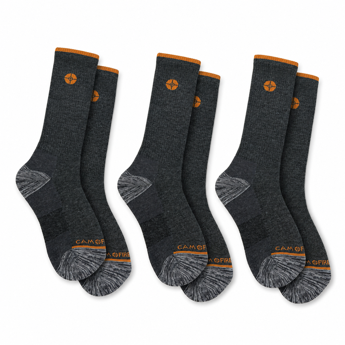 Six pairs of dark heather gray crew socks with orange accents, arranged in two rows of three on a plain white background. Each pair features a circular orange logo on the upper calf and 'CAMoFIRE' branding near the toe.