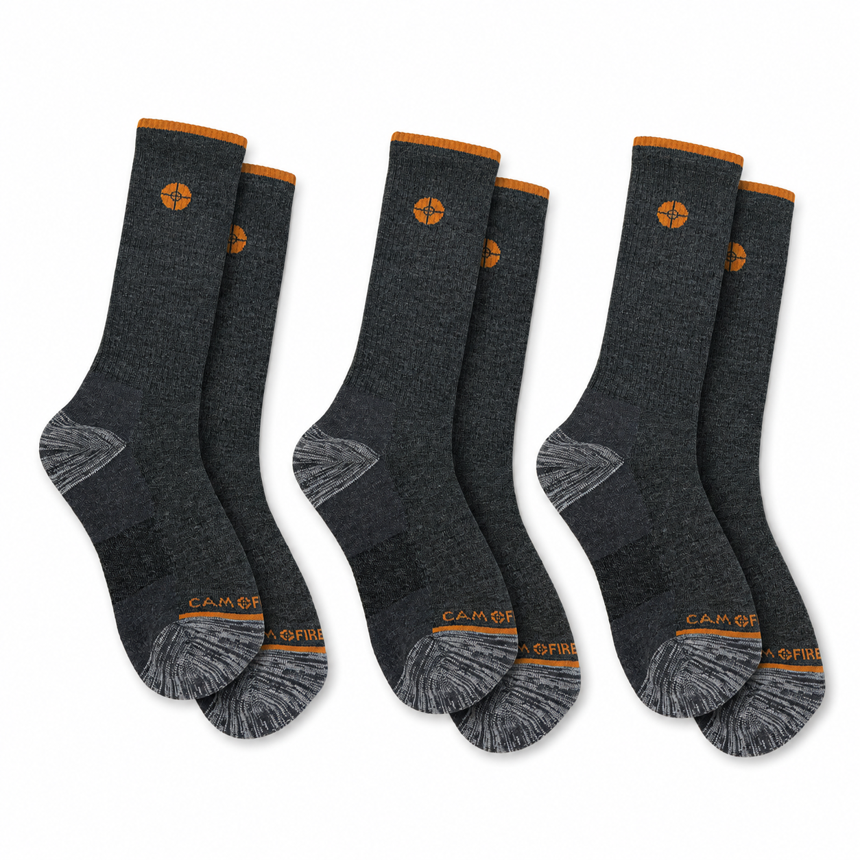 Six pairs of dark heather gray crew socks with orange accents, arranged in two rows of three on a plain white background. Each pair features a circular orange logo on the upper calf and 'CAMoFIRE' branding near the toe.