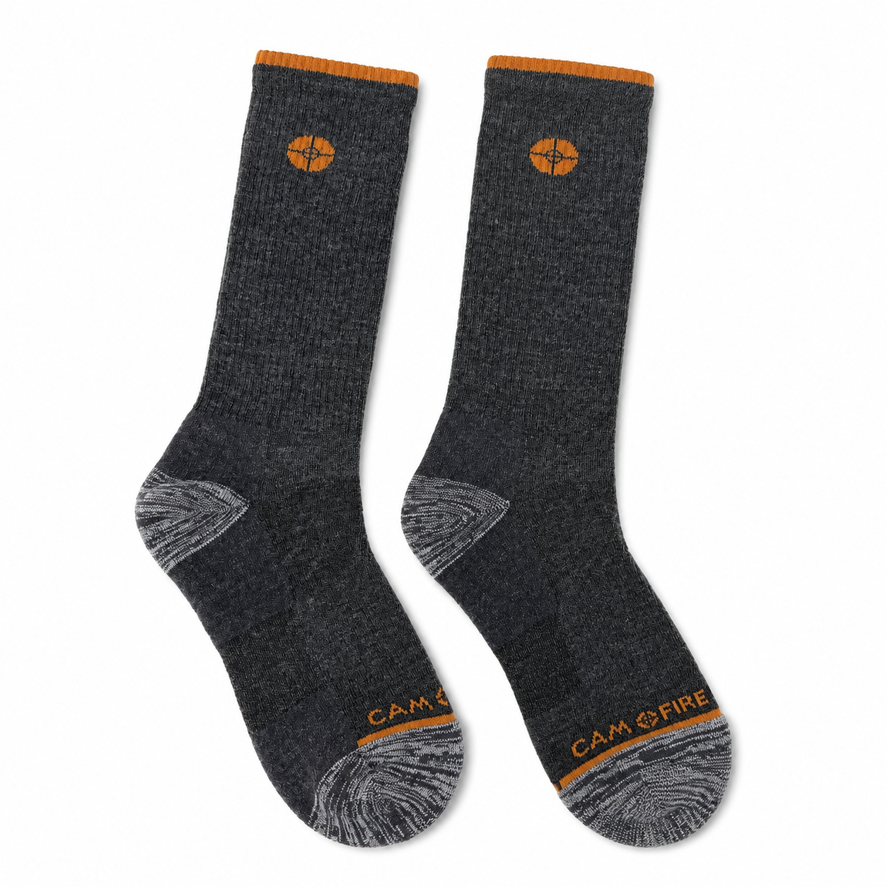 A pair of dark heather gray crew socks with orange accents, including a small crosshair logo on the upper calf and 'CAMOFIRE' branding near the toes, shown on a plain white background.