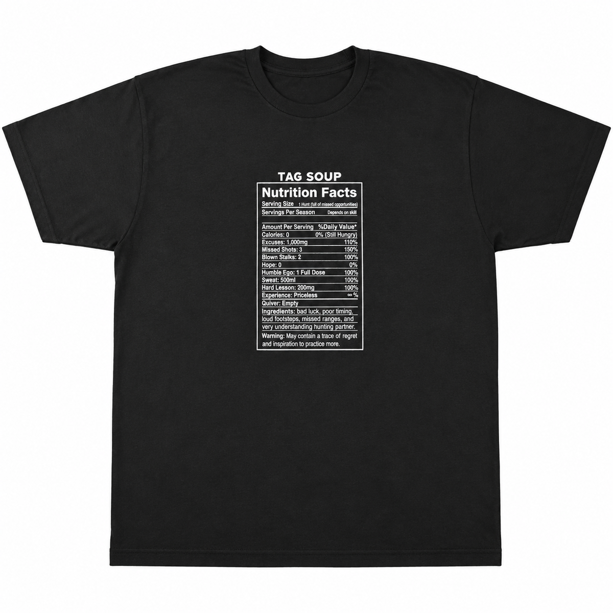 A black short-sleeve crewneck t-shirt with a white printed graphic on the chest that mimics a nutrition facts label under the text 'TAG SOUP'.