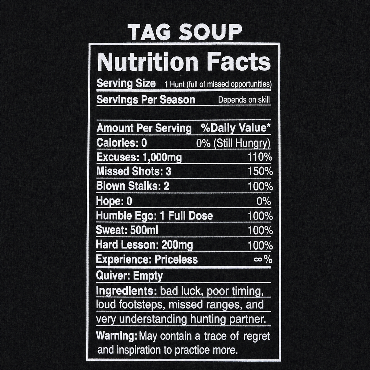 A black square graphic featuring a white nutrition facts label styled like a food package, with the text 'TAG SOUP' above it and humorous ingredient and calorie entries below.