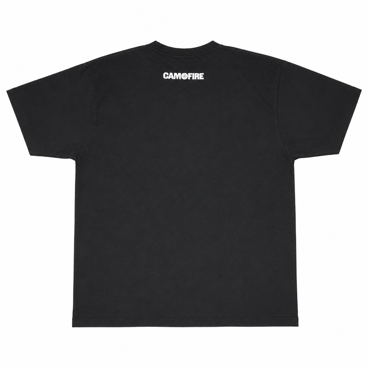 A black short-sleeve t-shirt shown from the back, featuring the brand name 'CAMOFIRE' printed in white capital letters centered below the collar, set against a plain white background.
