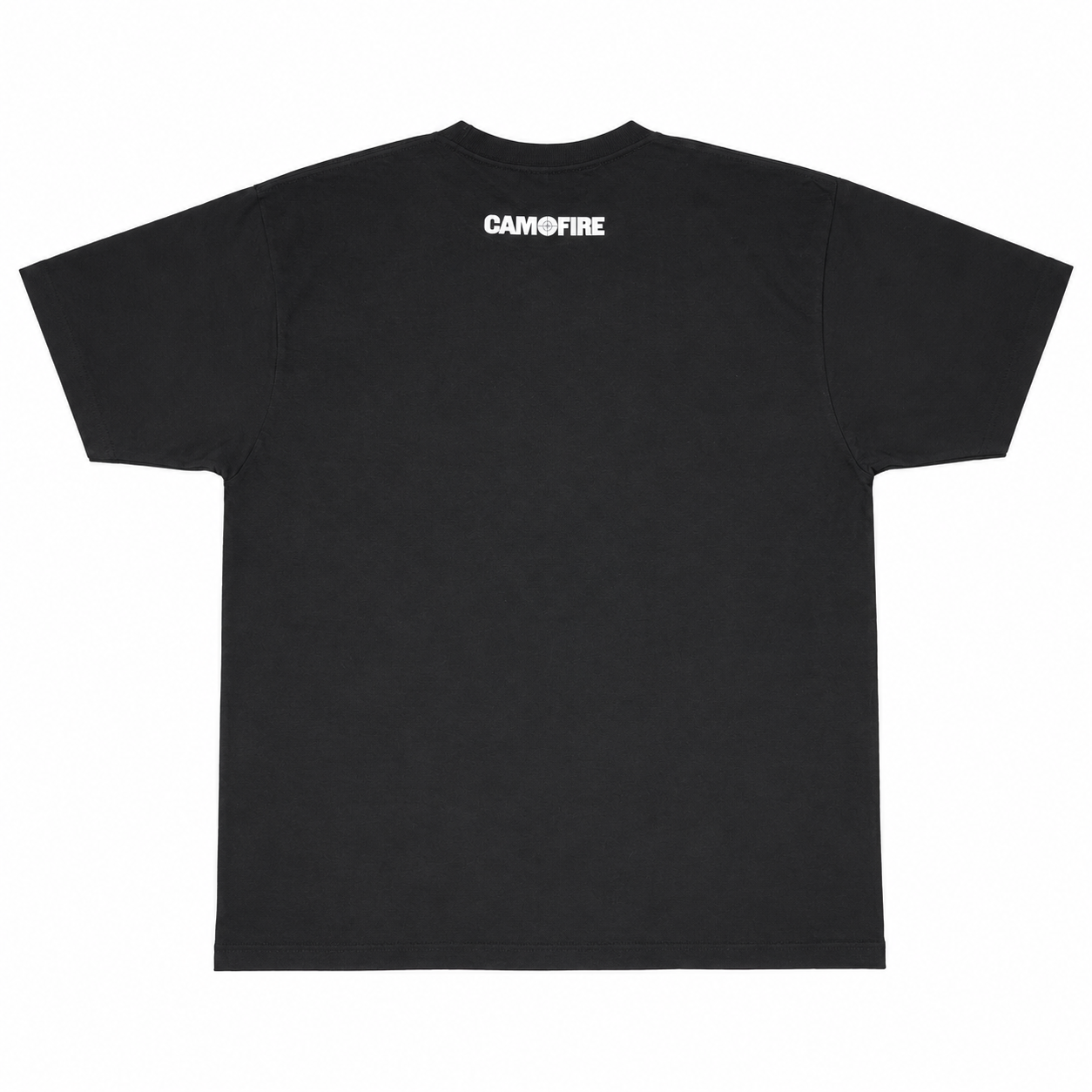 A black short-sleeve t-shirt shown from the back, featuring the brand name 'CAMOFIRE' printed in white capital letters centered below the collar, set against a plain white background.
