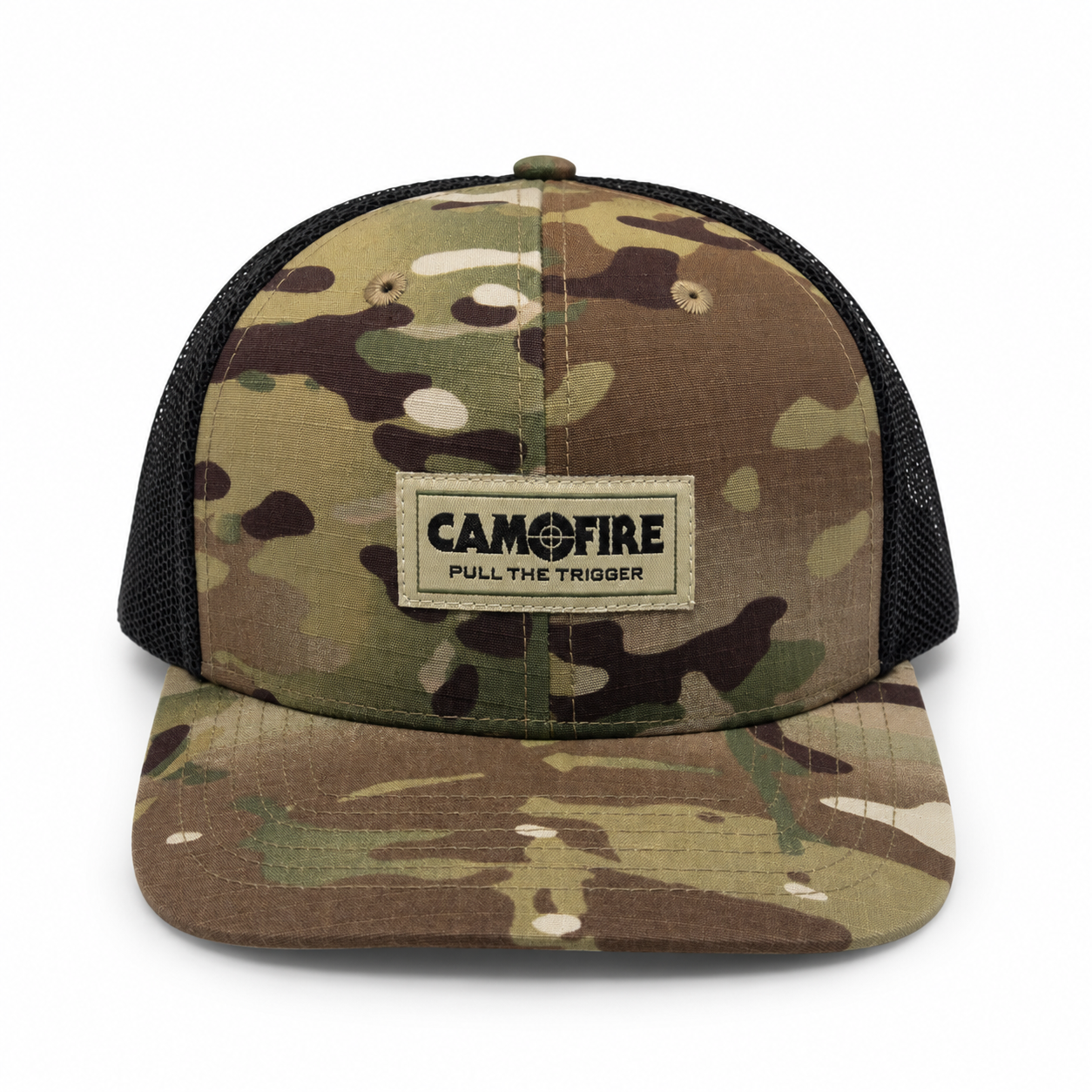 A camouflage trucker hat with black mesh back panels and a front patch reading 'CAMOFIRE PULL THE TRIGGER'.