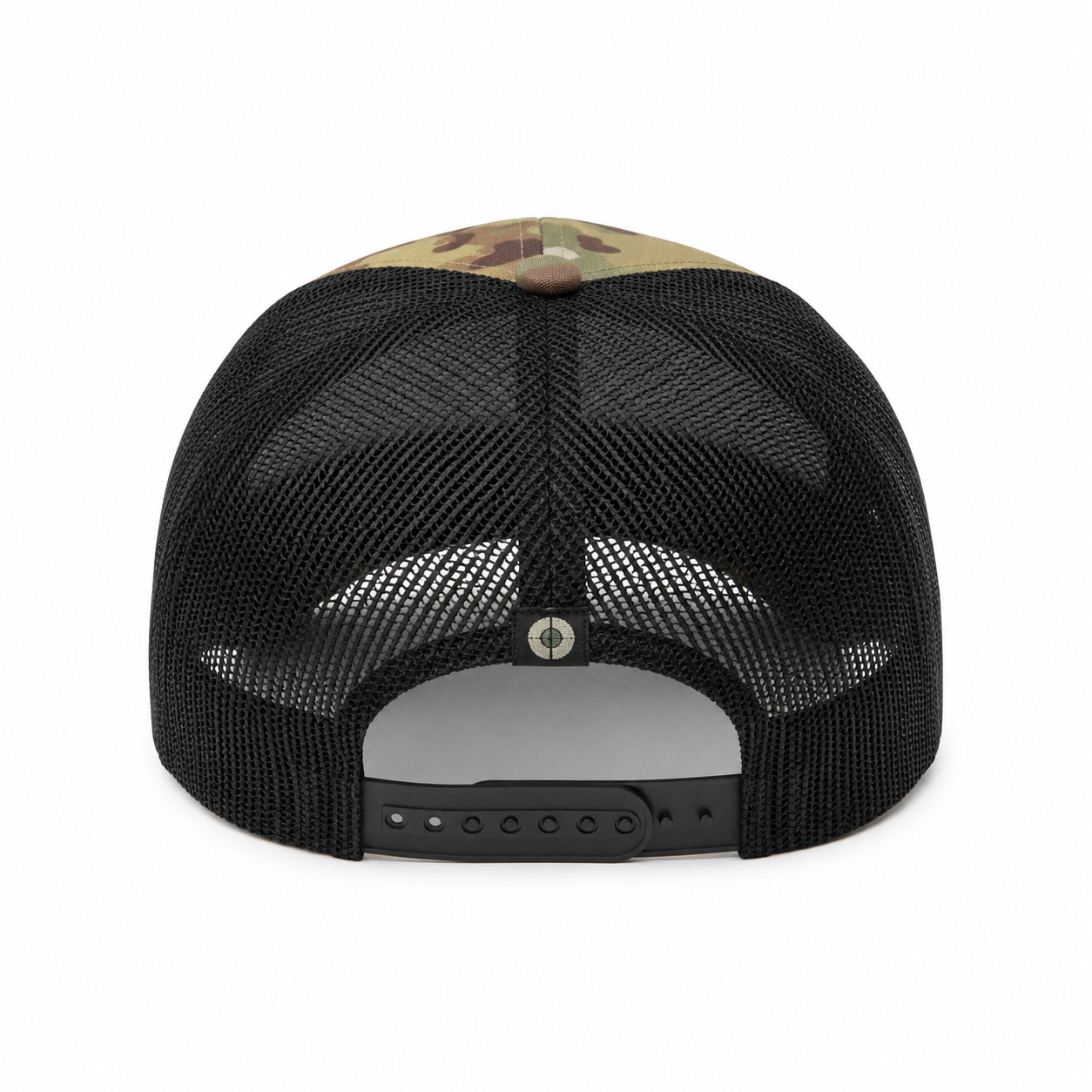 Rear view of a black trucker hat with a camouflage patterned crown and black mesh back, shown on a white background.