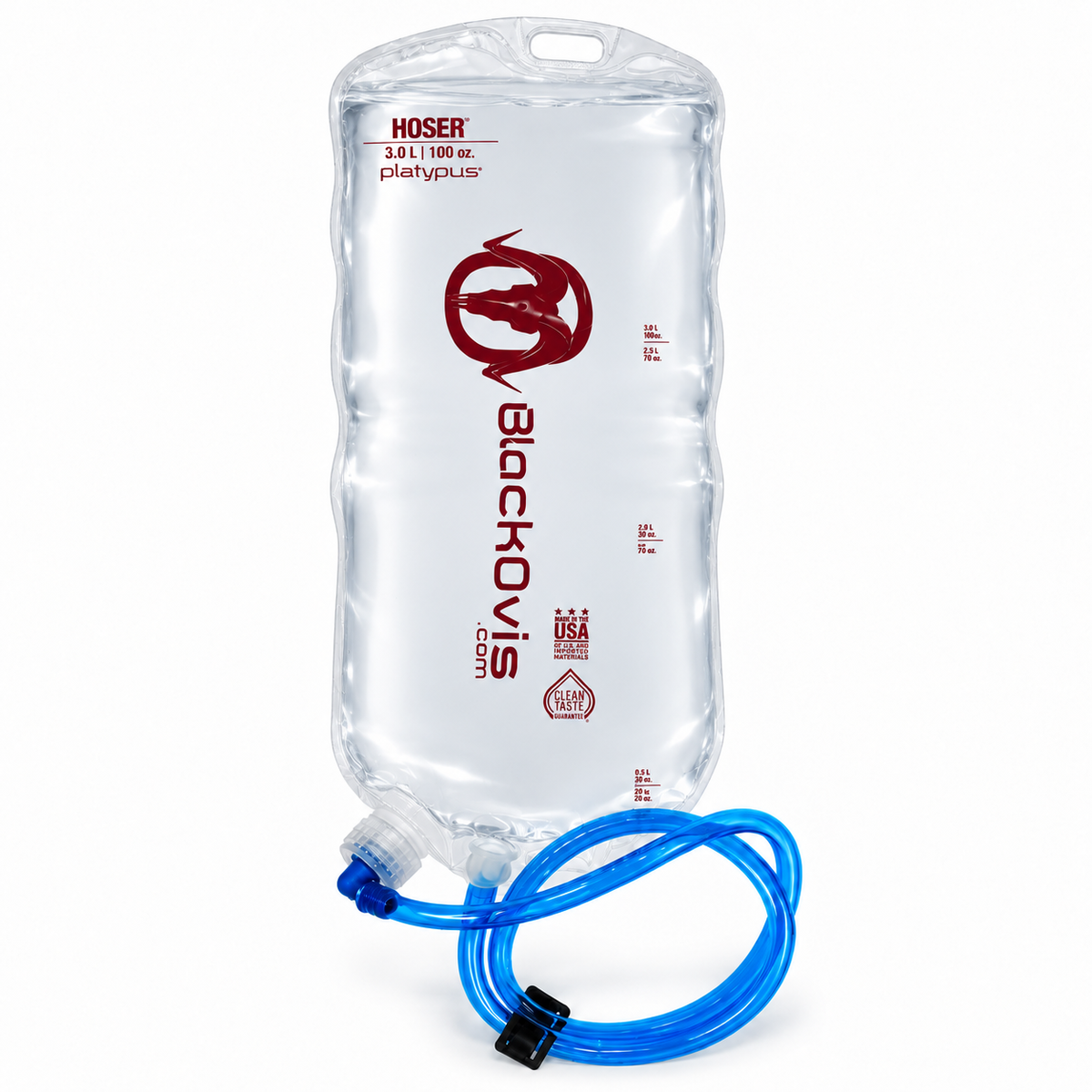 A clear plastic hydration bag with red printed branding and text, shown on a white background with a blue hose attached at the bottom.
