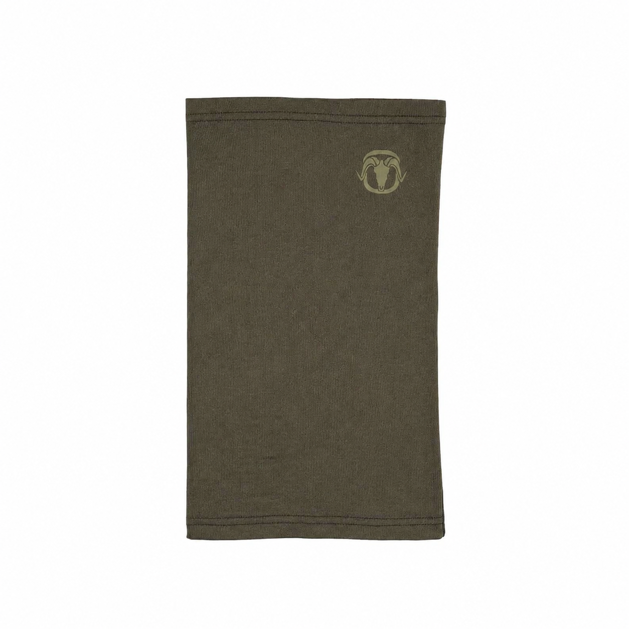An olive green neck gaiter or balaclava with a small embroidered ram logo on the upper right, shown flat against a white background.