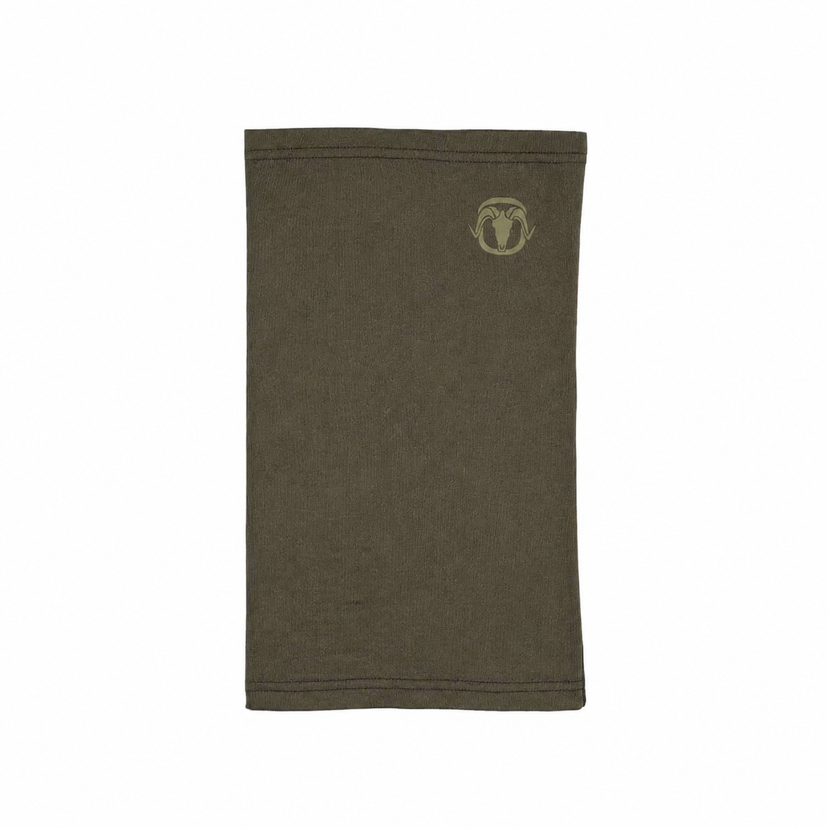 An olive green neck gaiter or balaclava with a small embroidered ram logo on the upper right, shown flat against a white background.
