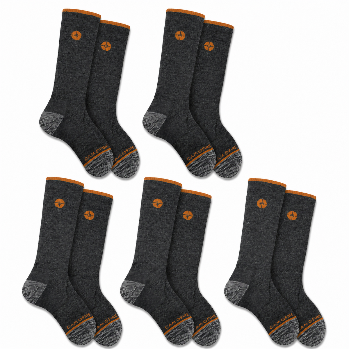 Six pairs of dark heather gray crew socks with orange trim and logo details, arranged in two rows on a plain white background.