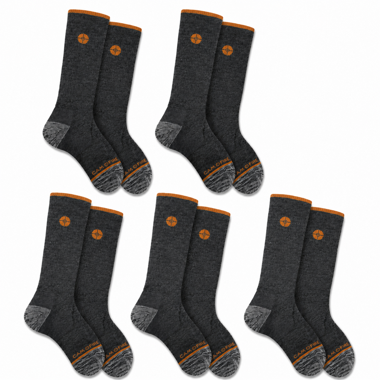 Six pairs of dark heather gray crew socks with orange trim and logo details, arranged in two rows on a plain white background.