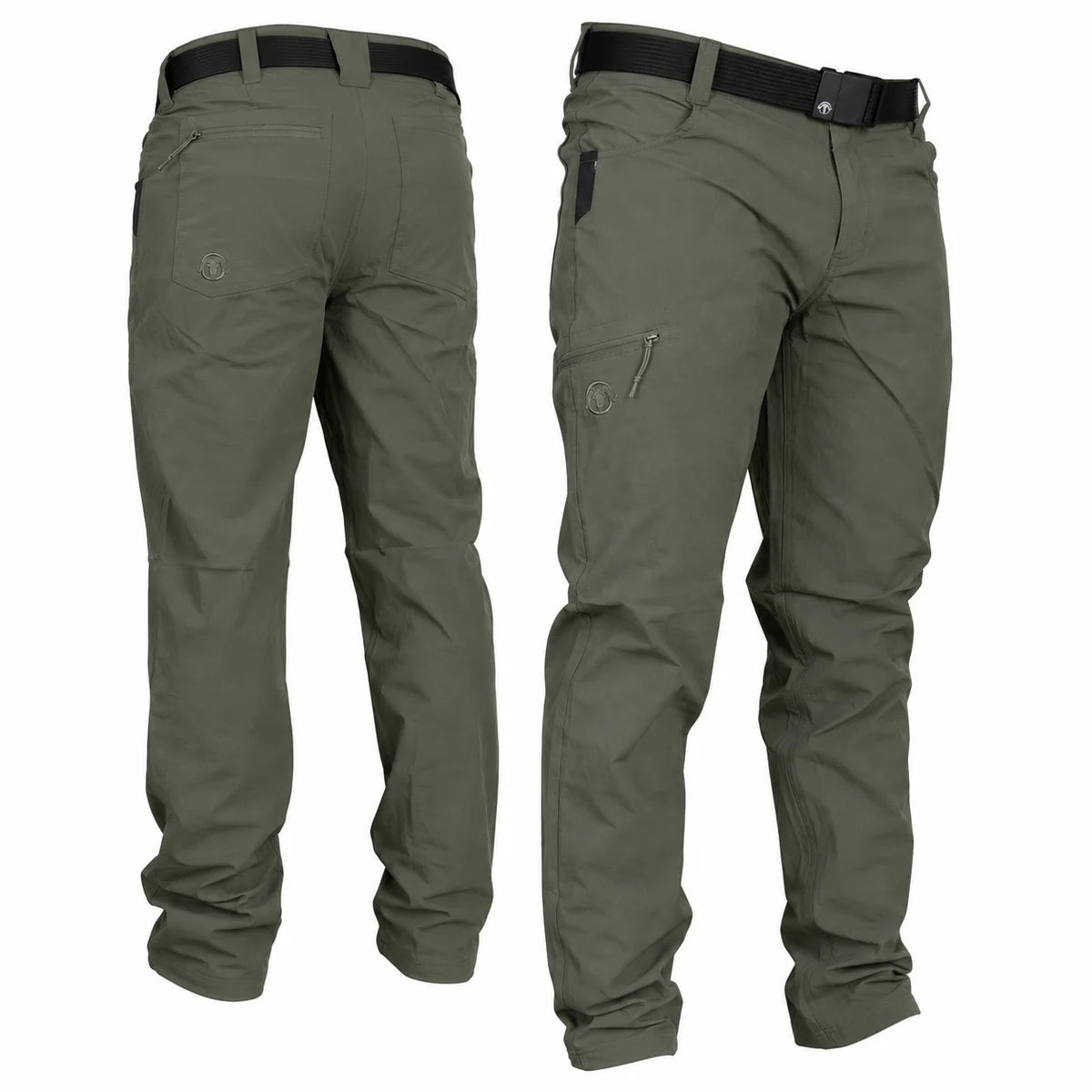 Front and back views of olive green technical pants with black belts, displayed on a solid white background.