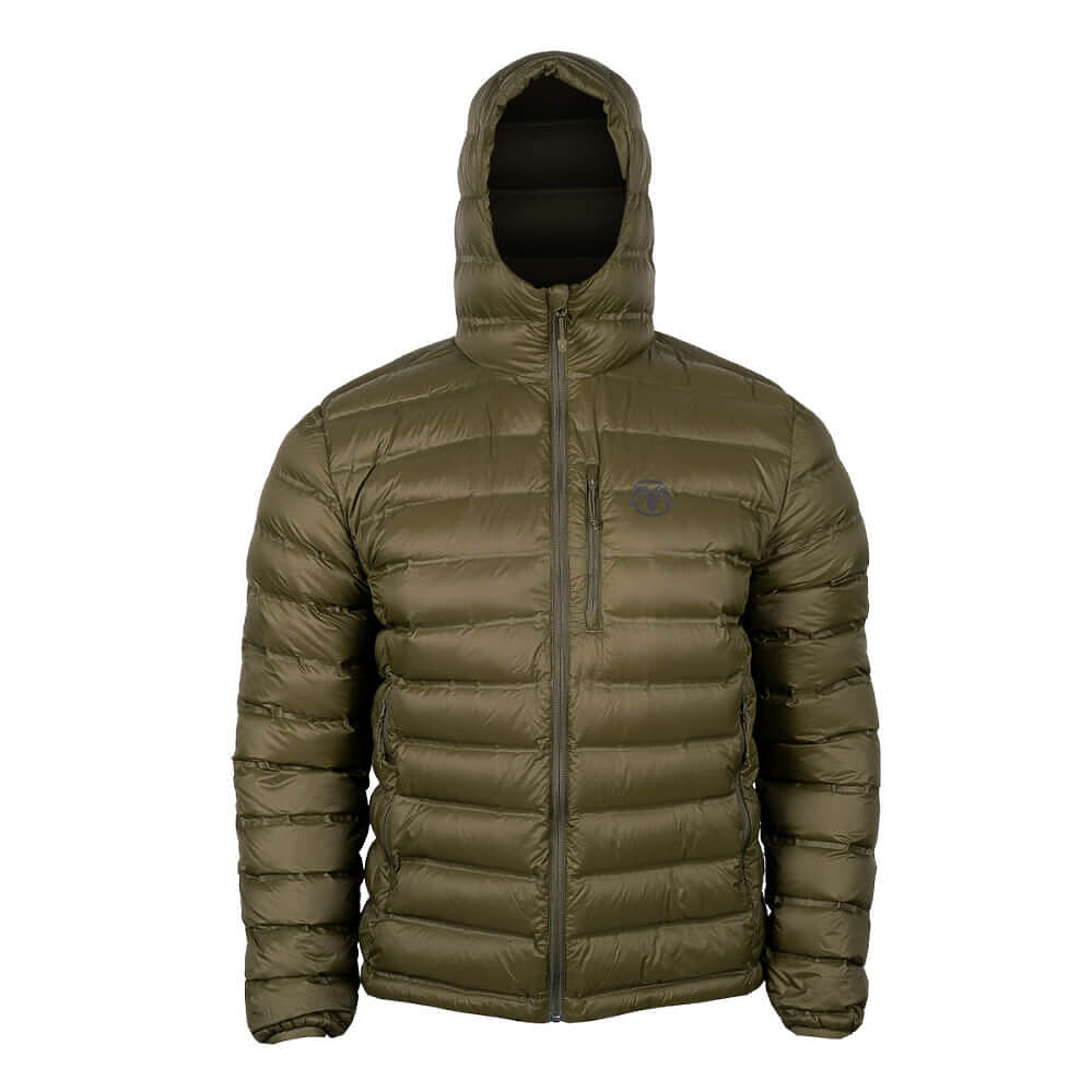 An olive green hooded puffer jacket with horizontal quilting, a full-length front zipper, and a small circular logo on the left chest, displayed on a clean white background.