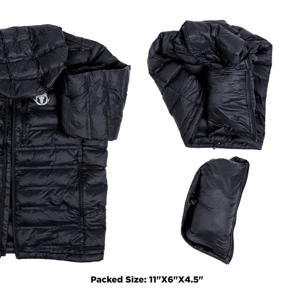 Black puffer jacket shown partially unpacked on the left, folded into a compact packed size on the right, with text below reading 'Packed Size: 11"x6"x4.5"' on a white background.
