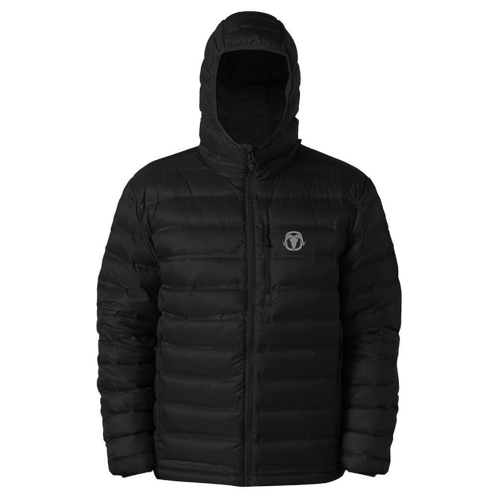 A black hooded puffer jacket with horizontal quilting, a full-zip front, and a small circular logo on the left chest, shown against a plain white background.
