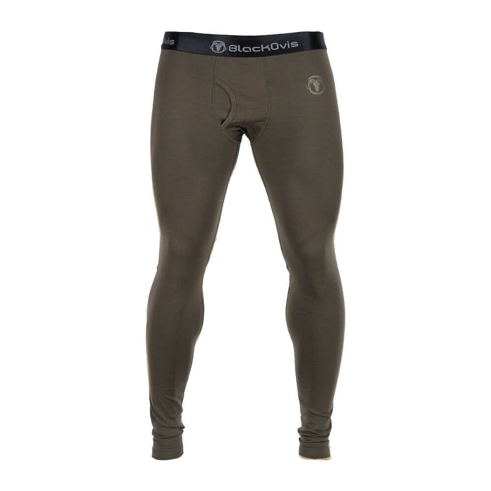 A pair of men's full-length compression leggings in a dark olive green color, shown on a white background. The waistband is black with the brand name 'Blackovis' printed in white, and there is a small circular logo on the upper left thigh.