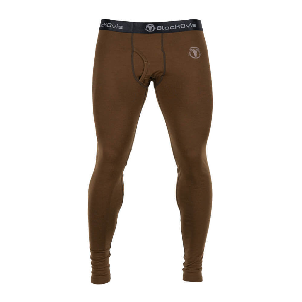 Brown full-length compression underwear or base layer pants shown on a ghost mannequin against a plain white background. The waistband is dark gray with the brand name '' printed in white, and there is a small circular logo on the upper right thigh.