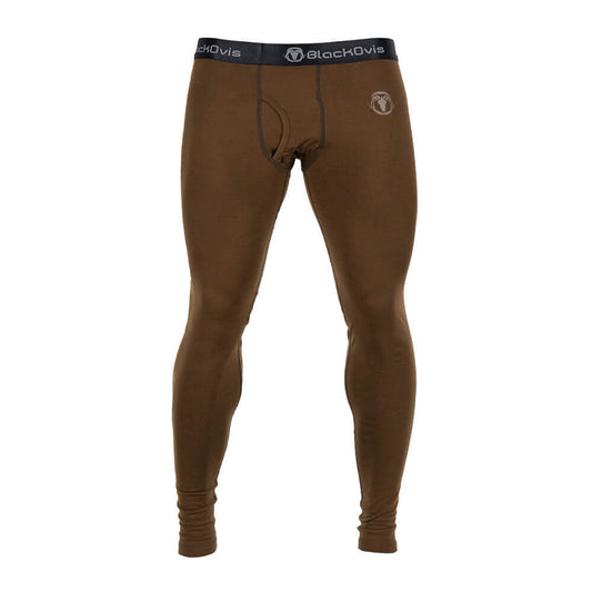 Brown full-length compression underwear or base layer pants shown on a ghost mannequin against a plain white background. The waistband is dark gray with the brand name '' printed in white, and there is a small circular logo on the upper right thigh.