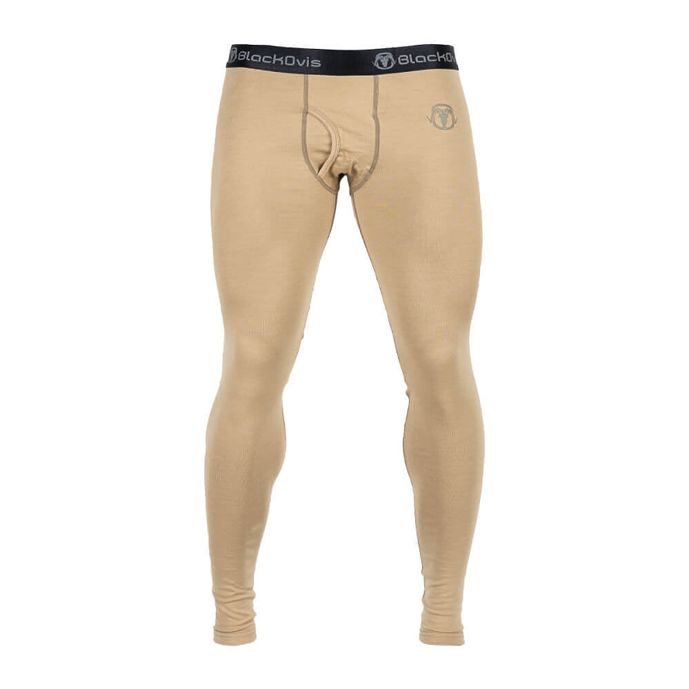 Beige full-length compression underwear or base layer shown on a headless mannequin form against a plain white background. The garment has a black waistband with white 'BlackOvis' branding and a small gray logo on the upper right hip.