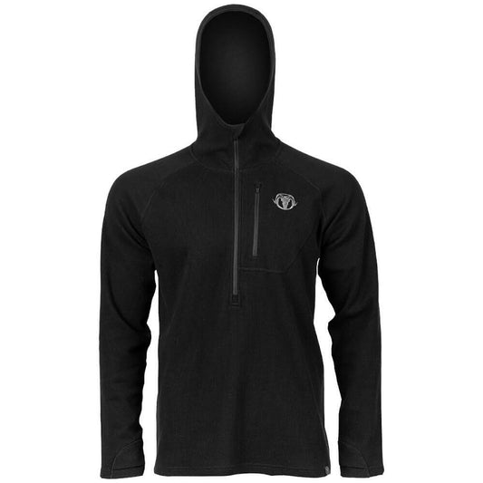 A black long-sleeve quarter-zip hooded sweatshirt with a small white embroidered logo on the left chest, displayed on a clean white background.