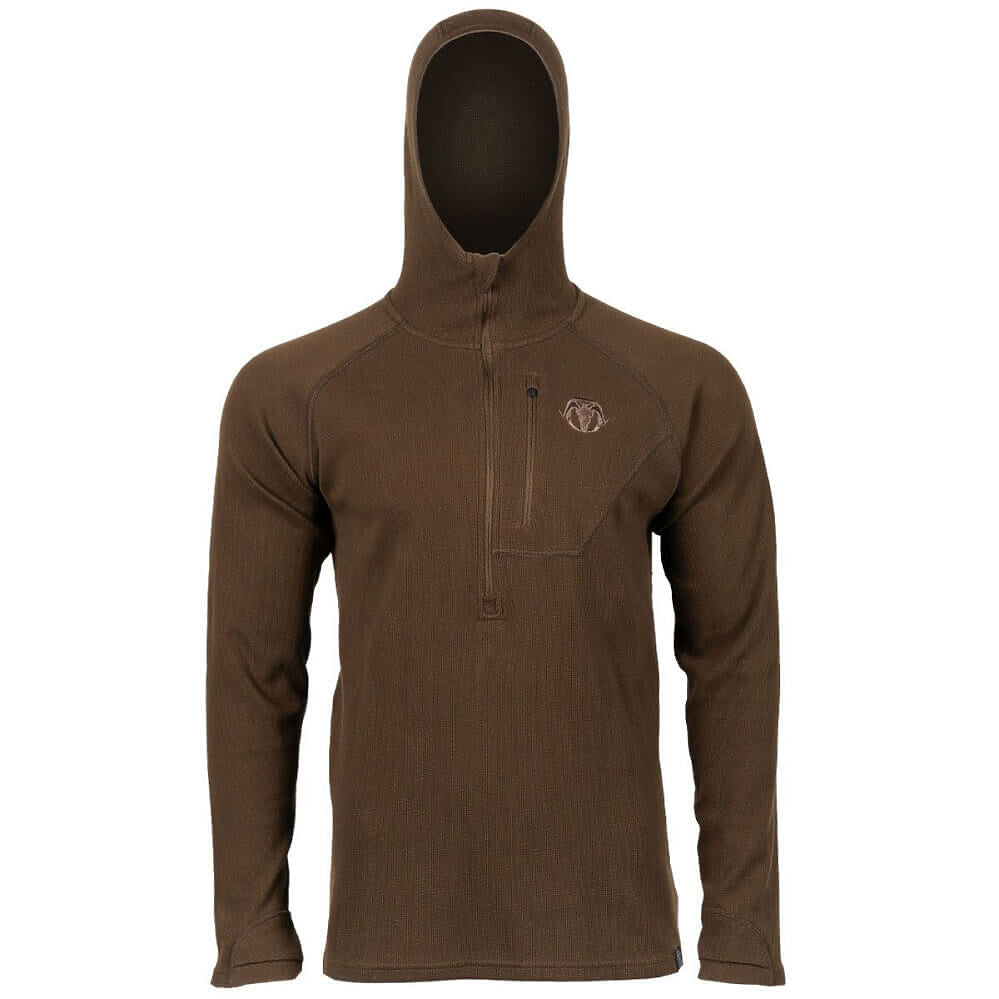 A brown long-sleeve quarter-zip hooded pullover with a small embroidered chest logo, displayed on a white background.