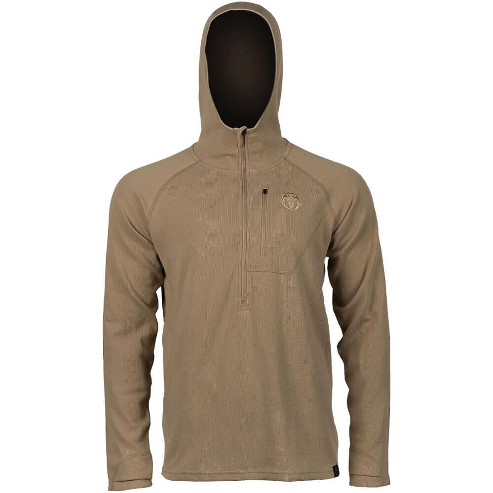 A men's long-sleeve quarter-zip pullover hoodie in a warm khaki-tan color, featuring a small embroidered chest logo, shown on a white background.