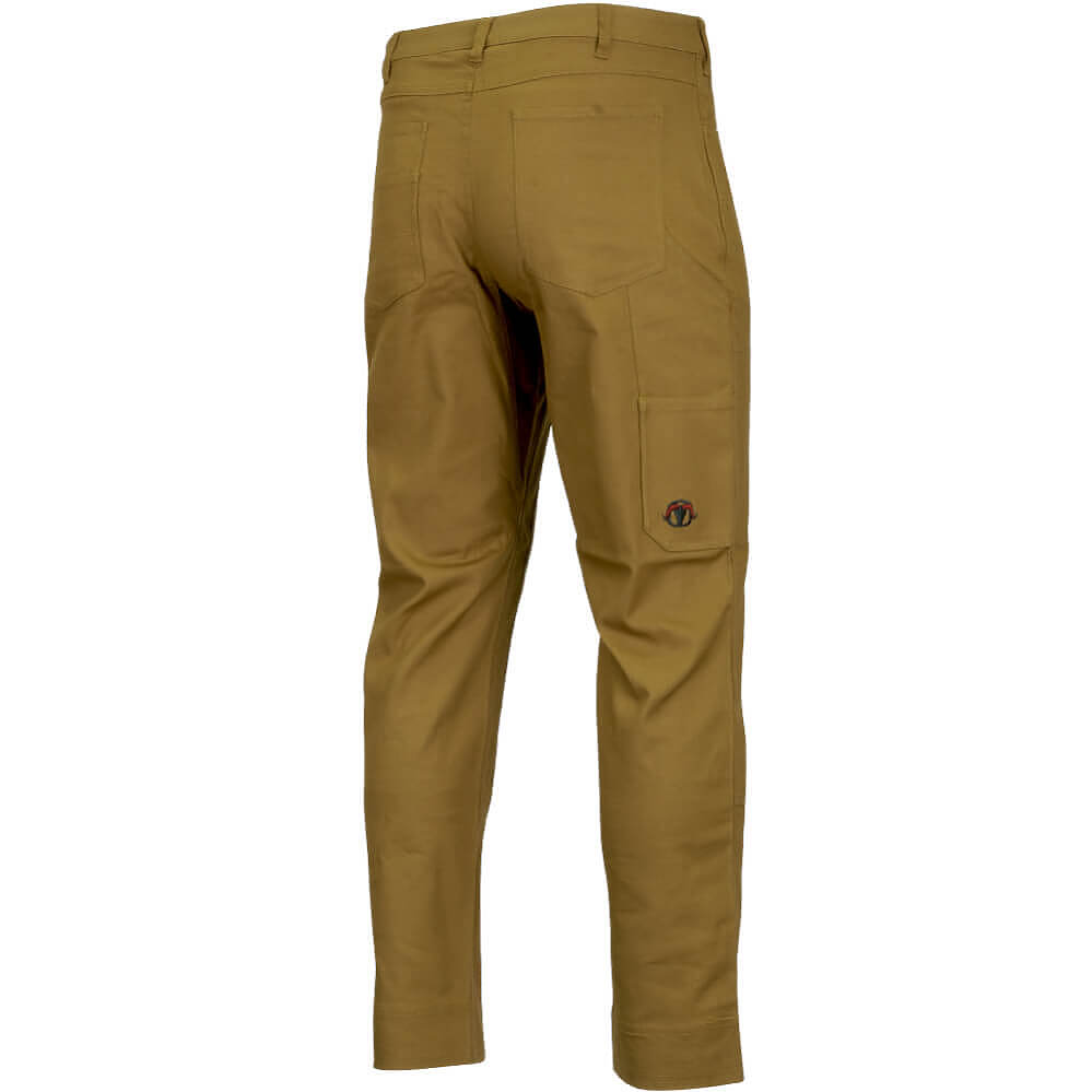 A pair of men's trousers in a warm camel brown color, shown from the back. The pants feature a straight-to-slightly tapered leg, a button waist, belt loops, and a large cargo pocket on the right leg with a small embroidered logo.