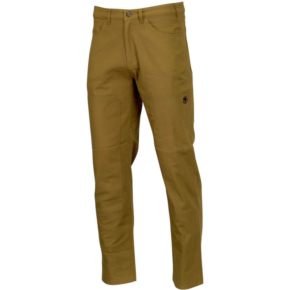 A pair of men's utility pants in a warm khaki-brown color, featuring a button waist, belt loops, front and side pockets, and a small embroidered logo on the upper right thigh, shown against a plain white background.