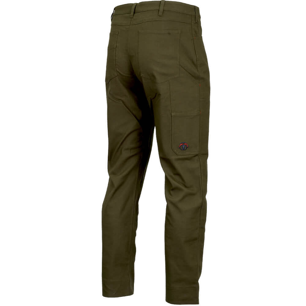 Olive green work pants shown from the back, featuring a belt loop, back pockets, and a small embroidered logo on the left leg, set against a plain white background.