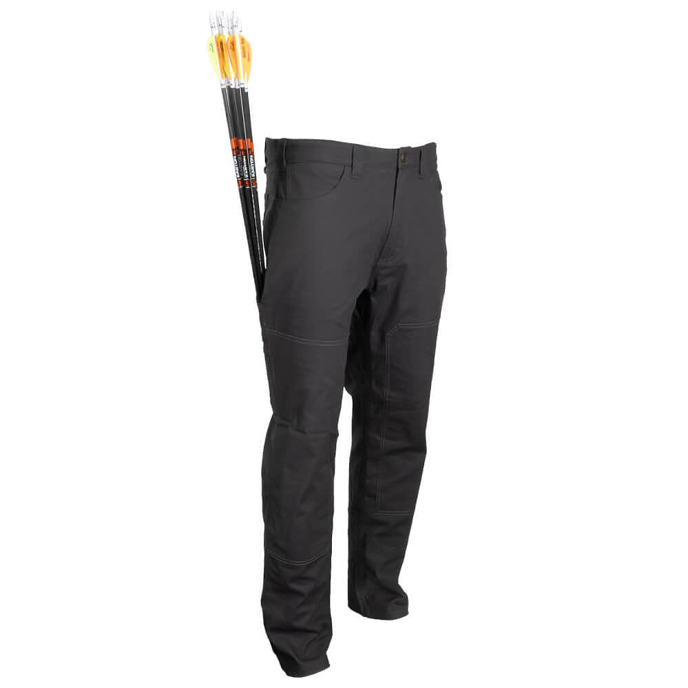 Black tactical archery pants with a side archery quiver holding arrows, shown against a solid white background.