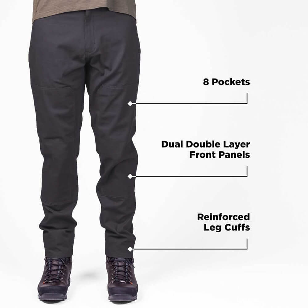 A person wearing dark charcoal gray cargo pants with text callouts highlighting features: '8 Pockets', 'Dual Double Layer Front Panels', and 'Reinforced Leg Cuffs'.