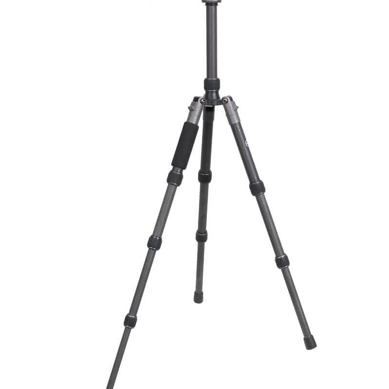 A black and gray three-legged tripod with a top-mounted handle and quick-release head, shown on a plain white background.