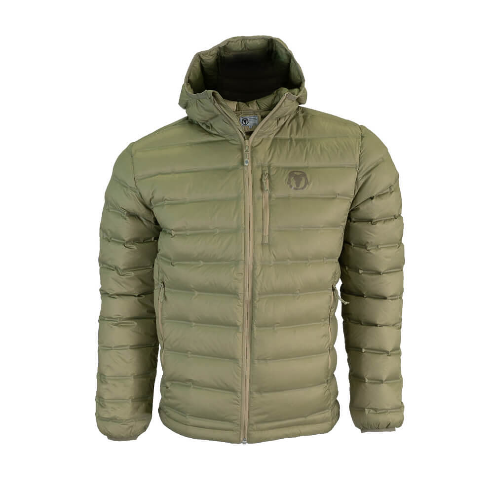 An olive green hooded puffer jacket with horizontal quilting, a front zipper, and a small dark logo on the left chest, shown against a plain white background.