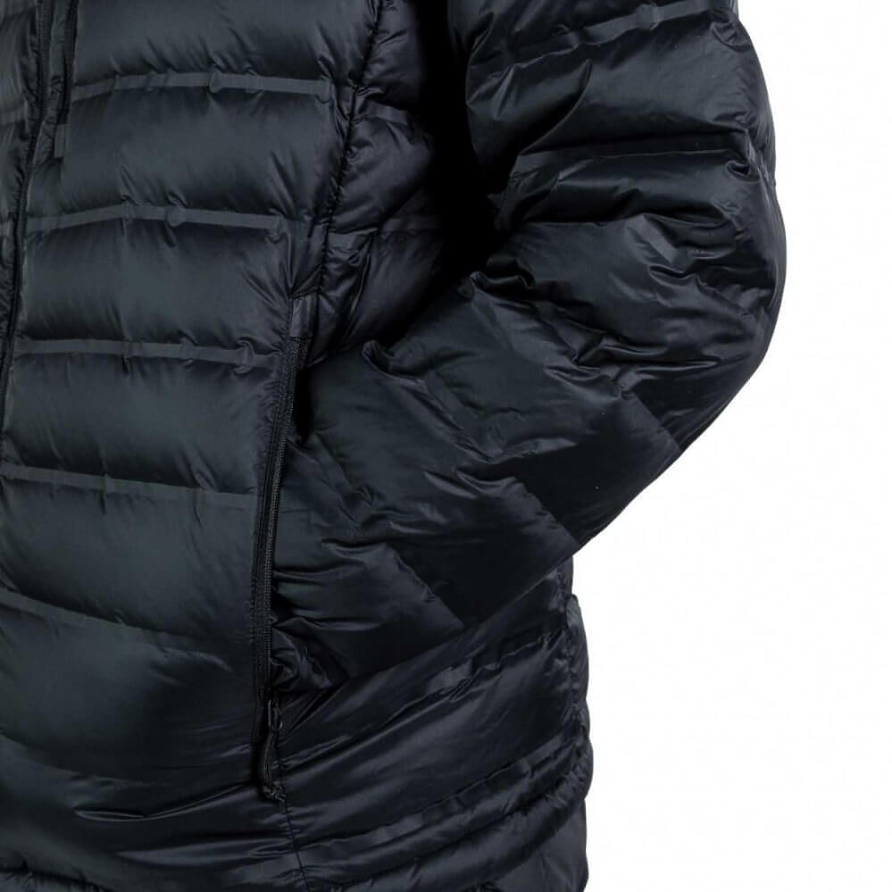 Close-up of a black puffer jacket showing the quilted texture and zipper details against a white background.
