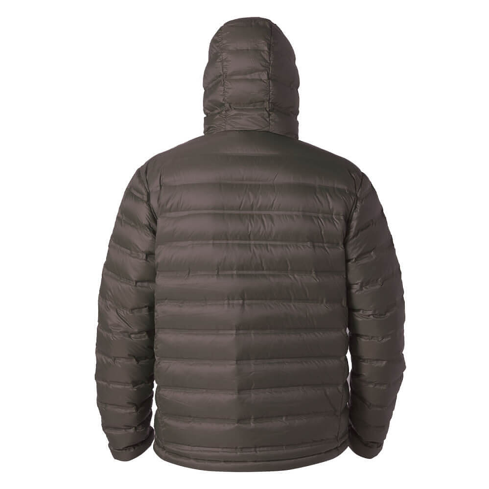 A dark olive green hooded puffer jacket shown from the back, featuring horizontal quilting and a padded hood, set against a plain white background.