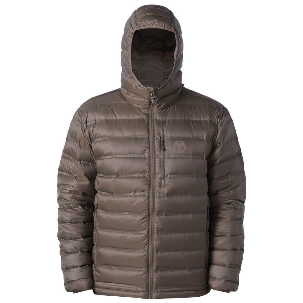 A hooded puffer jacket in a dark brownish-gray color, featuring horizontal quilting, a full-zip front, and a small circular logo on the left chest, shown against a plain white background.
