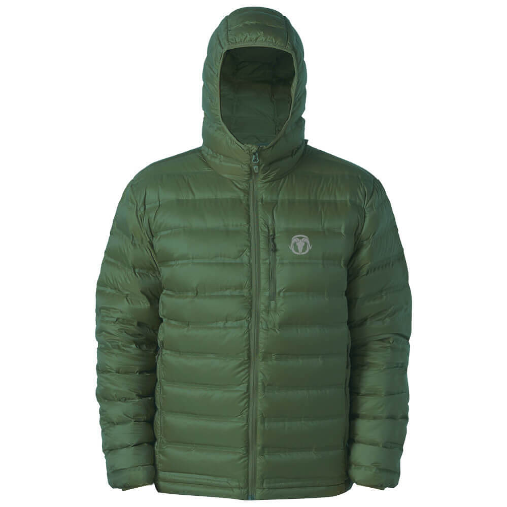 An olive green hooded puffer jacket with horizontal quilting, a full-zip front, and a small circular logo on the left chest, shown against a plain white background.