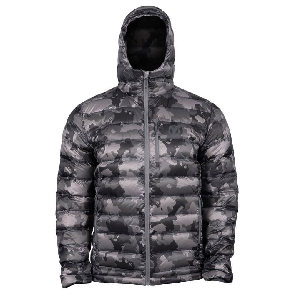 A hooded puffer jacket with a gray and black camouflage pattern, shown on a white background.
