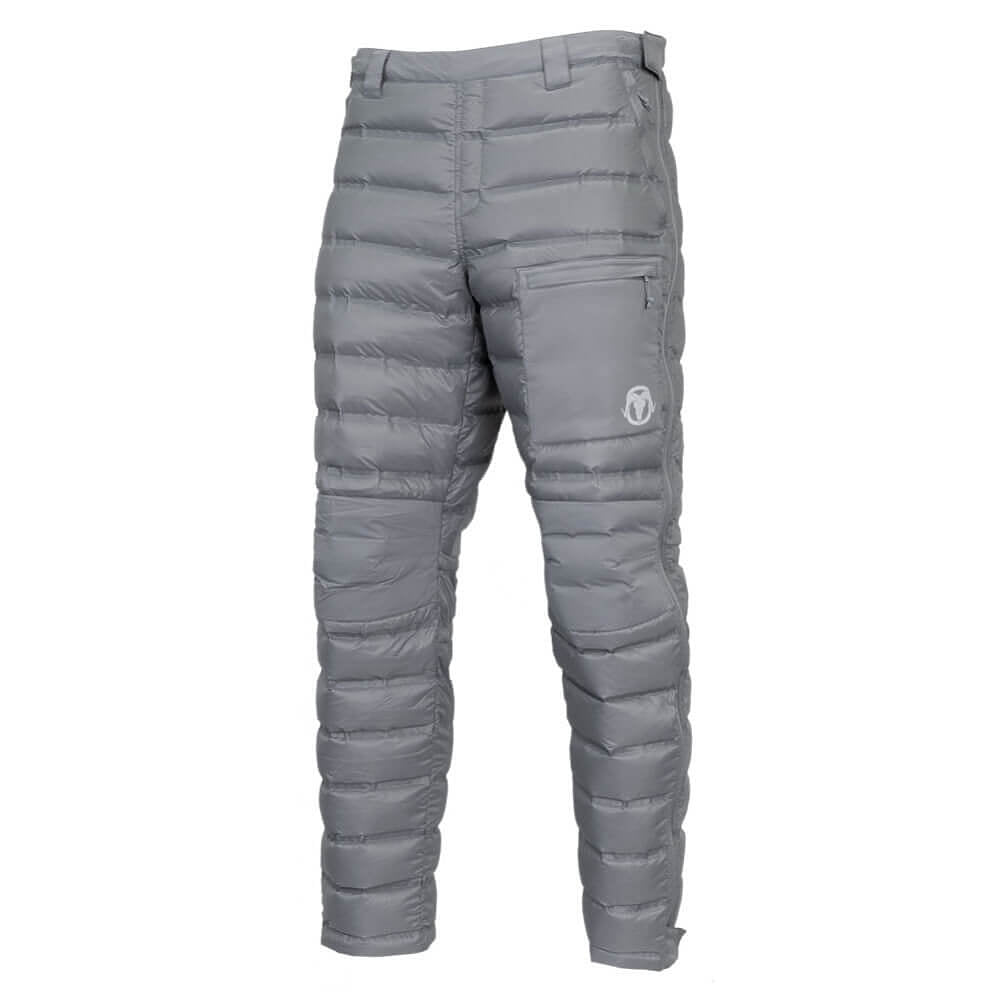 Gray puffer pants with horizontal quilting, a zippered side pocket, and a small white circular logo on the upper left thigh, shown against a plain white background.