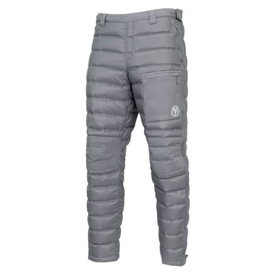 Gray puffer pants with horizontal quilting, a zippered side pocket, and a small white circular logo on the upper left thigh, shown against a plain white background.